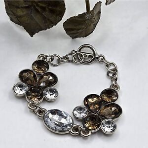 "5/$25" Sz Small Floral Rhinestone Toggle Clasp Silvertone Bracelet